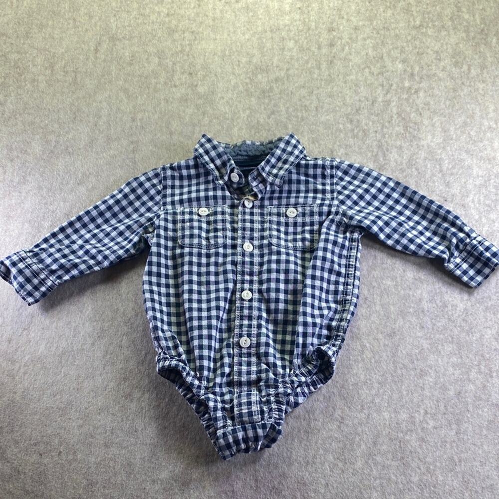 GAP Baby Blue Plaid Button Front Collared Shirt One Piece Size 6-12 Months